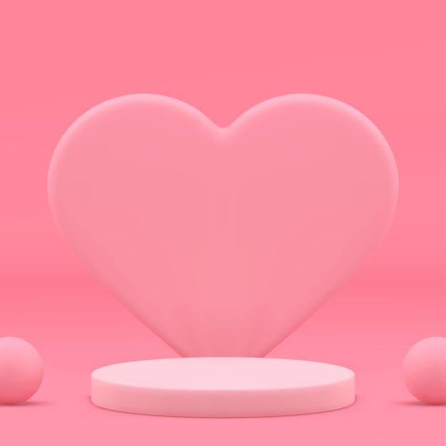 Rosado romántico pedestal de podio 3d con pared de corazón maqueta para el fondo del espectáculo de productos cosméticos