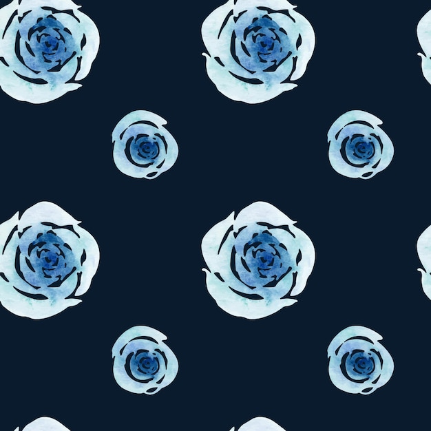 Rosas azules de acuarela con un patrón sin costuras aislado sobre un fondo azul marino