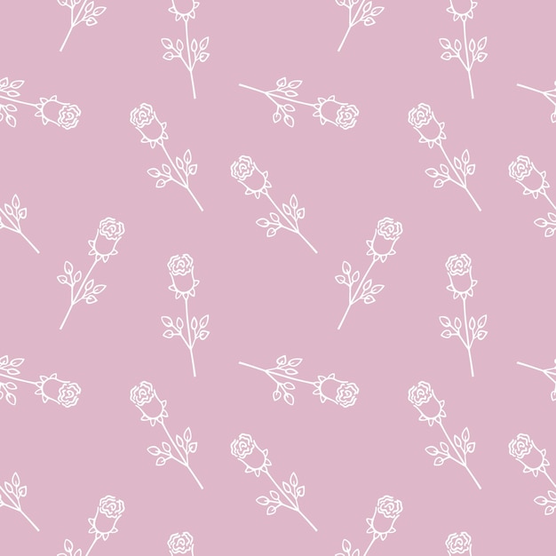 Rosas blancas sobre un fondo rosa. Ilustración de vector Doodle. Patrón sin fisuras sin fin con contorno de flor color de rosa. Fondo para textiles, envoltorios, sitio web o diseño de páginas web en Internet.
