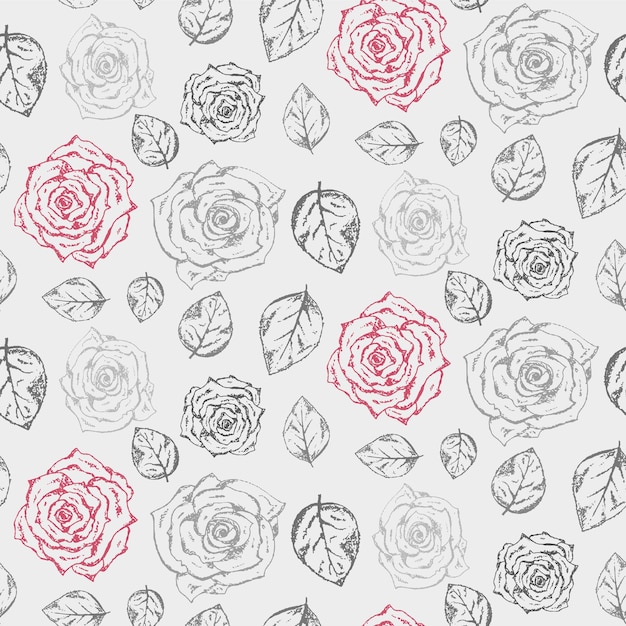 Rosas dibujadas a mano monocromáticas con patrón de hojas