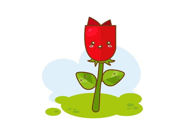 Rosas de dibujos animados y hojas aisladas sobre fondo blanco