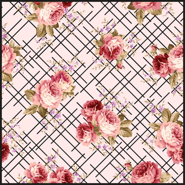Rosas florales y patrón de cuadrícula en fondo rosa claro para el diseño textil