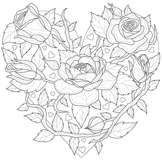 Rosas en forma de corazón. Libro de colorear antiestrés para niños y adultos. Ilustración aislada sobre fondo blanco Estilo Zen-enredo.