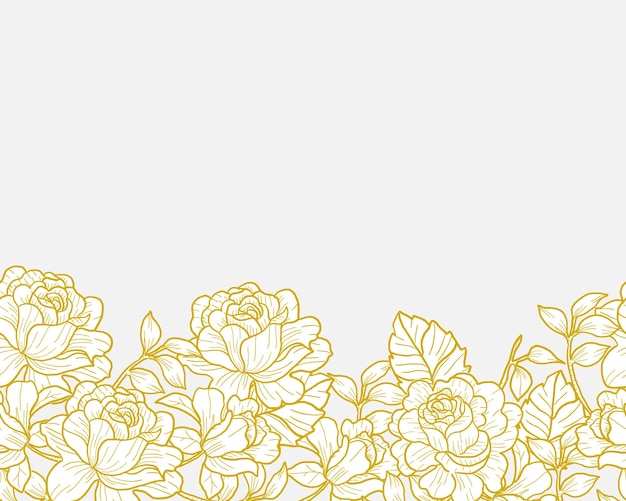 Rosas y hojas de oro dibujadas a mano en el fondo