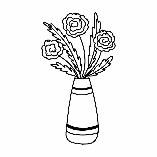 Rosas en jarrón Vector doodle ilustración Postal decoración elemento Flores