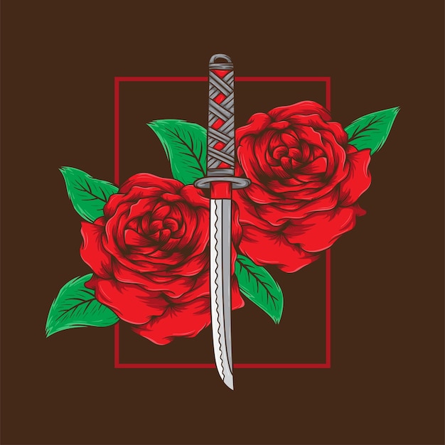 rosas, con, katana, espada, mano, dibujado, ilustración