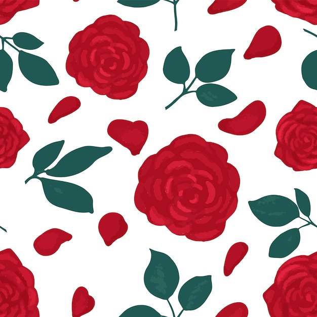 Rosas y pétalos sobre un fondo blanco Patrón sin costuras Ilustración vectorial