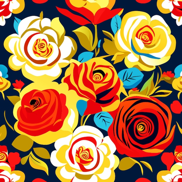 rosas rojas amarillas blancas azules y hojas verdes patrón sin costuras en la ropa ilustración vectorial