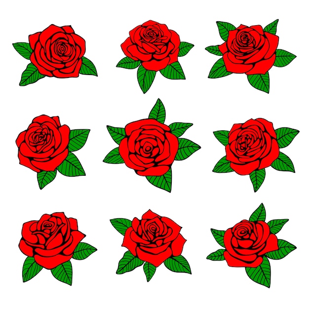 Rosas rojas con diseño de vector de hojas verdes para tatuaje