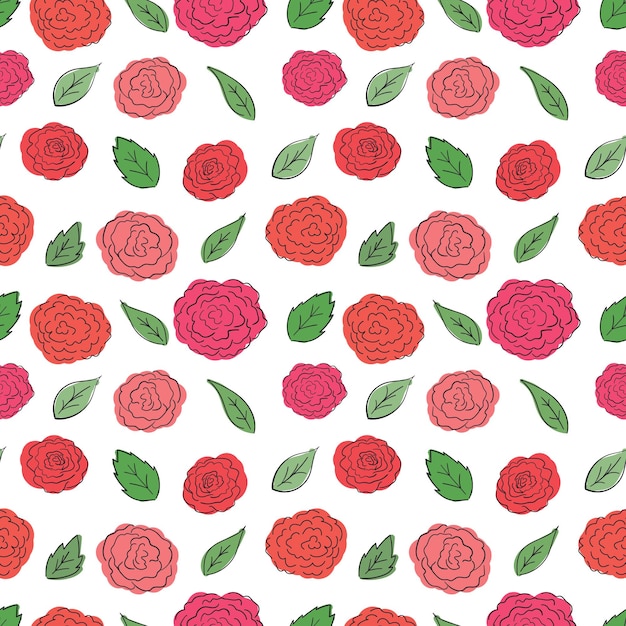 Rosas rosadas con hojas verdesPatrón repetitivo transparente dibujado a mano Imagen pintada de color con contorno