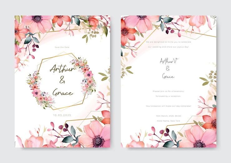 Vector rosas rosadas y una plantilla de invitación de boda con marco dorado y fondo blanco.
