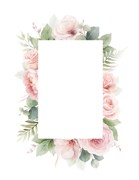 Rosas rosadas polvorientas flores y hojas de eucalipto acuarela rectángulo vectorial marco floral