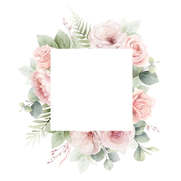 Rosas rosadas polvorientas flores y hojas de eucalipto acuarela vector cuadrado marco floral