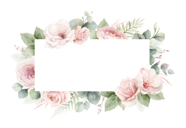 Rosas rosadas polvorientas flores y hojas de eucalipto Vector de acuarela marco floral rectangular