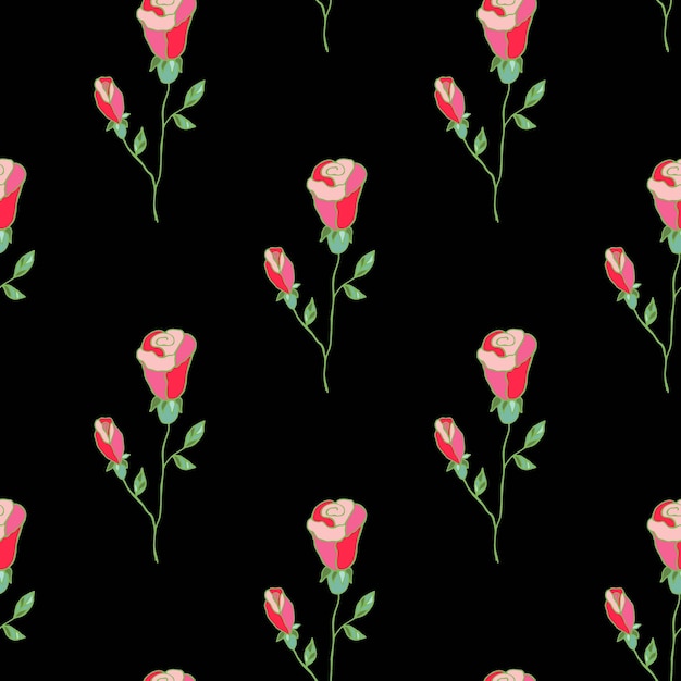 Rosas rosadas sobre fondo negro patrón vectorial sin costuras flores sobre un fondo oscuro para tela