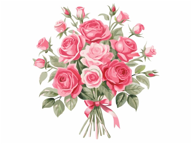 Rosas rosas Conjunto de elementos de diseño vectorial con flores de rosa rosas y hojas verdes aisladas en un whit
