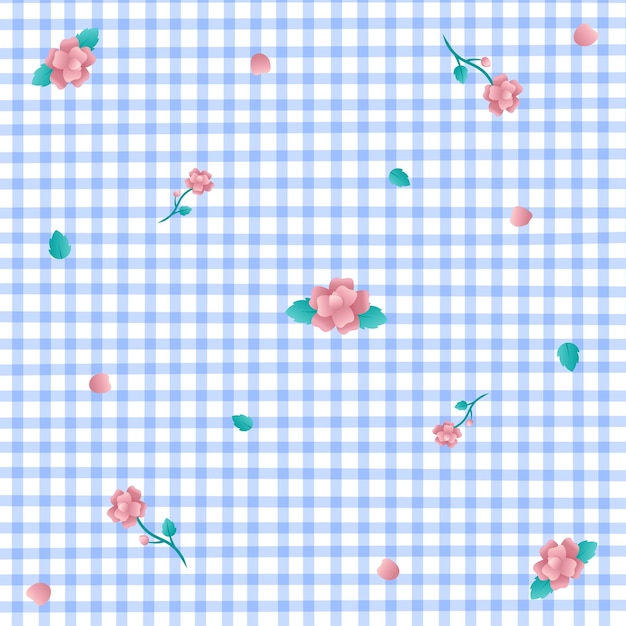 Rose Pink Flower Blue Gingham Patterns Fondo Trazo editable Vector Ilustración Mantel