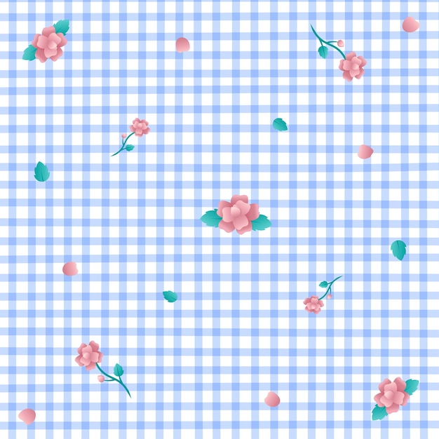 Rose pink flower blue gingham patterns fondo trazo editable vector ilustración mantel