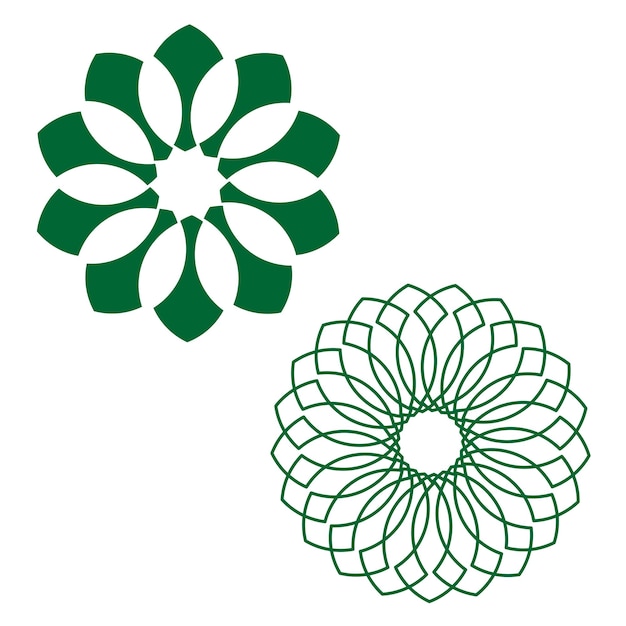Roseta de pétalos geométricos Icono de mandala floral Ornamento verde simétrico Forma radial vectorial