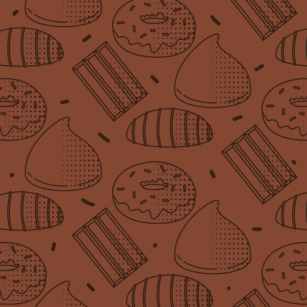 Las rosquillas de chocolate y la barra de caramelo repiten el fondo vectorial