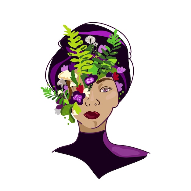 Rostro femenino de belleza con flores y helechos y setas arte abstracto ilustración vectorial