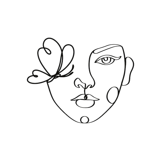 Vector rostro femenino con contorno lineal de cara decorativa de mariposa.