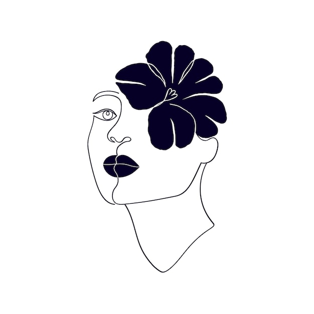 Rostro femenino con flor en estilo de arte de línea moderna.