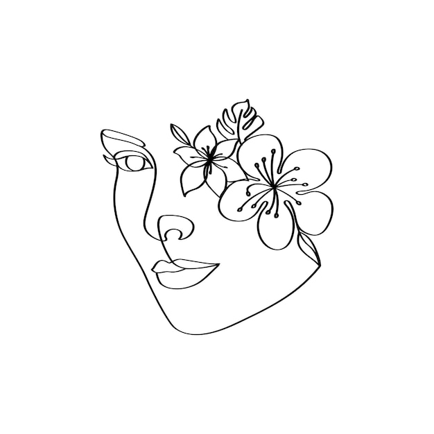 Rostro femenino y flores cabeza femenina decorativa ilustración de contorno lineal floral femenino