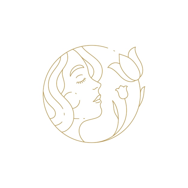 Rostro femenino de logotipo simple lineal que huele a tulipán en marco de círculo dibujado a mano para vector de salón de spa de belleza