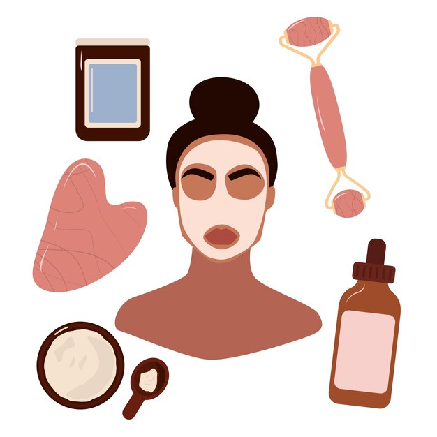 Rostro femenino y máscara cosmética de belleza Rodillo de jade facial Banner para el cuidado de la piel Mascarilla facial Tratamiento para el cuidado de la piel Relajación Concepto de autocuidado Ilustración vectorial de stock
