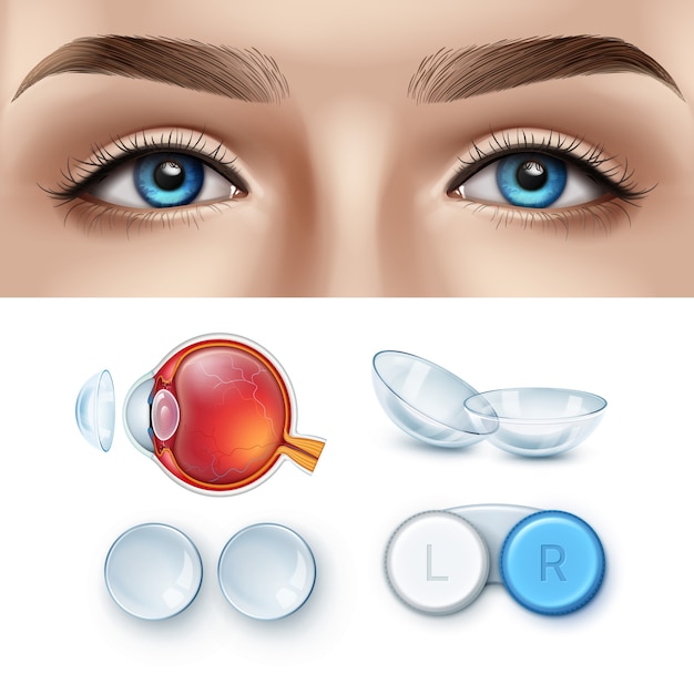 Rostro femenino con ojos azules y conjunto realista de lentes de contacto con caja y anatomía del ojo humano.