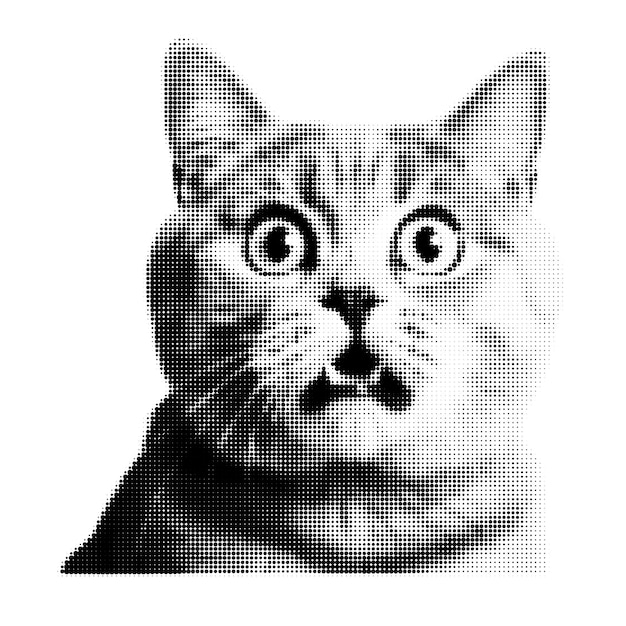 El rostro del gato del collage de medio tono es un personaje gatito gracioso en el estilo pop art de moda con puntos.