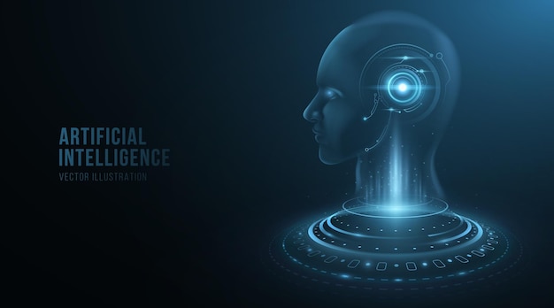 Rostro holográfico digital de un hombre cyborg con elementos de HUD en la cabeza. Concepto de inteligencia artificial. Fondo de tecnología moderna. Humanoide futurista. Ilustración vectorial