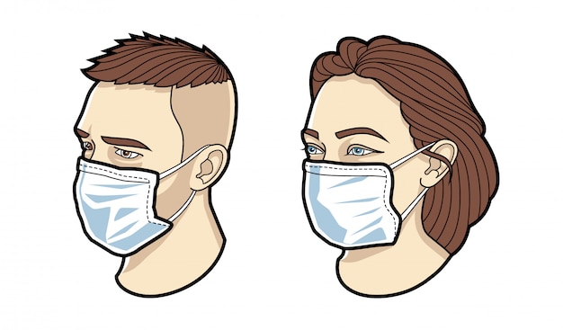 Rostro de hombre y mujer en conjunto de máscara médica