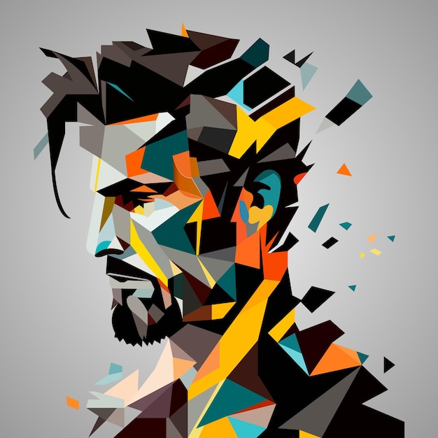 Rostro humano de un hombre con un retrato cúbico de estilo abstracto para carteles gráficos
