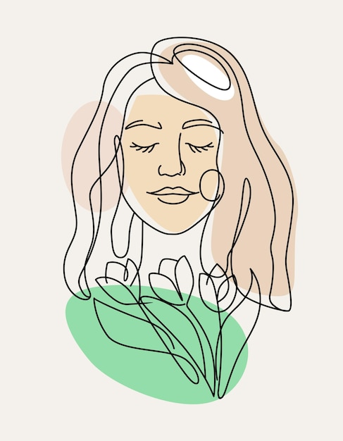 Vector rostro de mujer, dibujo lineal con flor.