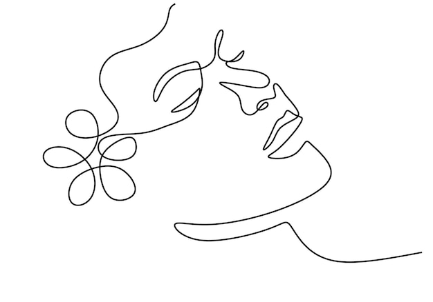 Rostro de mujer con flor de rosa en estilo minimalista de dibujo de línea continua