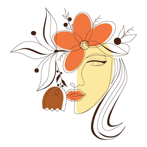 Vector rostro de mujer con flores ilustración de línea continua