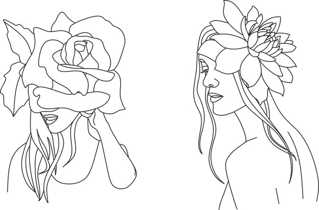 Rostro de mujer con flores Line art. Logotipo de belleza femenina elegante