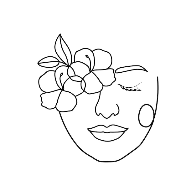 Rostro de mujer con flores, ojos cerrados de hermosa niña, dibujo lineal, arte lineal de cabeza floral minimalista