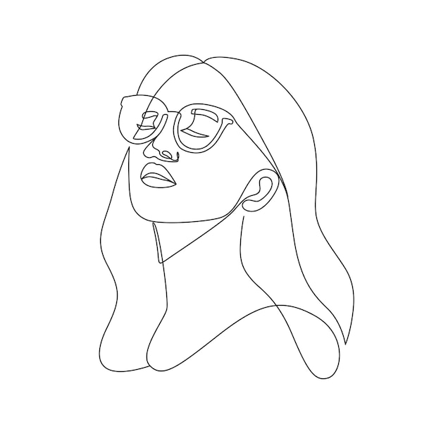 Rostro de mujer con gafas hermosas en estilo de arte de línea elegante