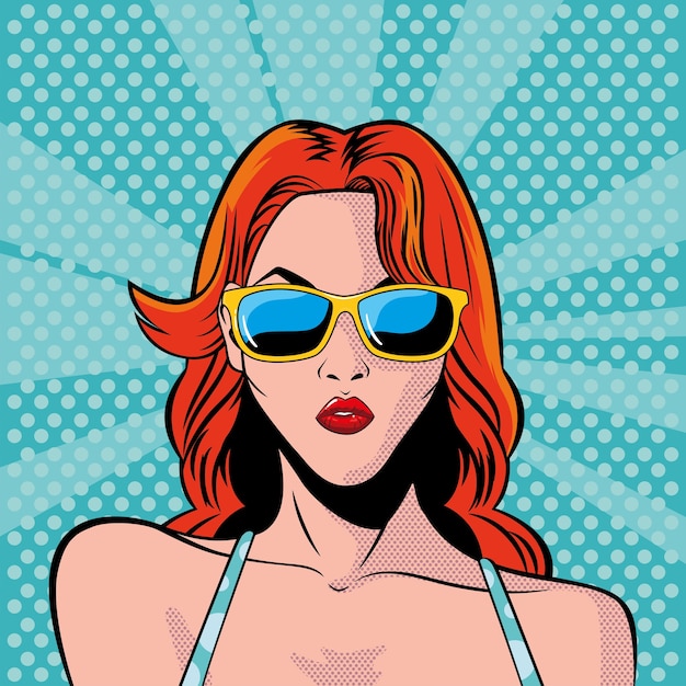 Rostro de mujer con gafas de sol, diseño de ilustración de estilo pop art