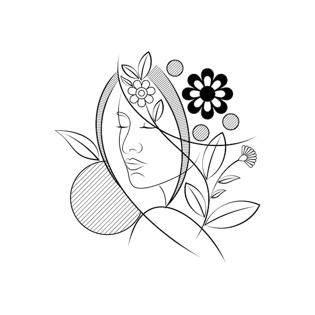 Rostro de mujer con ilustraciones de líneas de flores y hojas con un estilo mínimo en blanco y negro