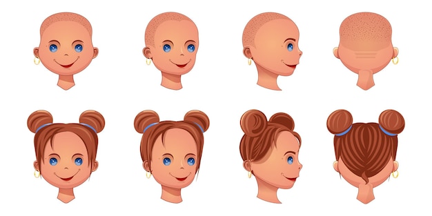 Rostro de una mujer joven y bonita desde diferentes ángulos y con diferentes peinados. conjunto de iconos de caras de niña. ilustración vectorial