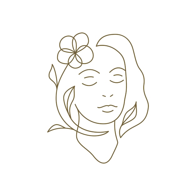 Rostro de mujer joven suave con peinado de flores ilustración de vector de logotipo de arte de línea continua Retrato femenino romántico floral botánico flor pelo mínimo icono para belleza peinado cosmética orgánica