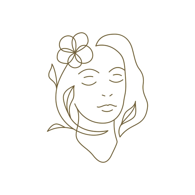 Rostro de mujer joven suave con peinado de flores ilustración de vector de logotipo de arte de línea continua Retrato femenino romántico floral botánico flor pelo mínimo icono para belleza peinado cosmética orgánica