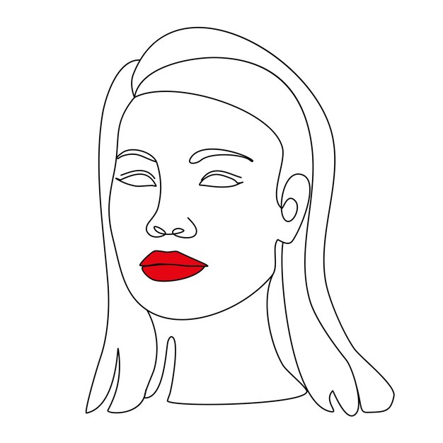 Vector rostro de mujer de línea con labios rojos