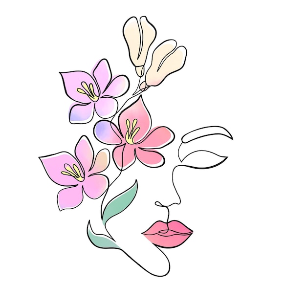 Rostro de mujer mínima con flores de acuarela sobre fondo blanco.Estilo de dibujo de una línea.