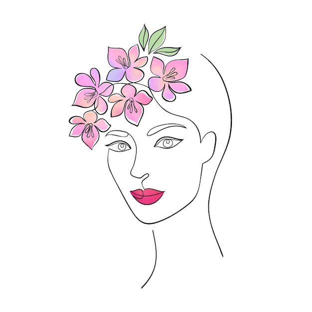 Rostro de mujer mínima con flores acuarelas.