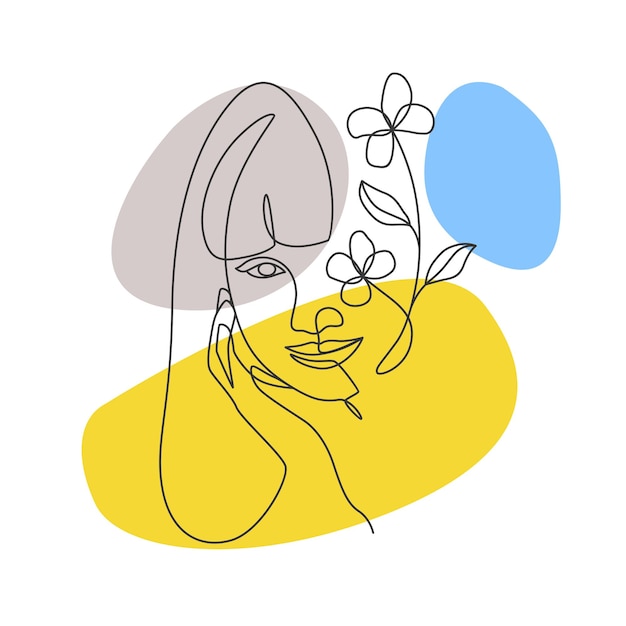Rostro de mujer mínimo y flores en estilo de arte lineal